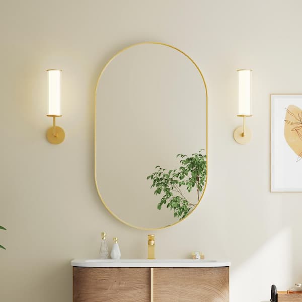 ANGELES HOME 24 in. W x 40 in. H Oval Anodized Aluminum Framed Wall Bathroom Vanity Mirror in Brushed Gold Vertical Hangs