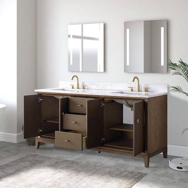 72 in. W x 34 in. H Double Sink Walnut Bath Vanity Cabinet with Arabescato White Engineered Marble Top