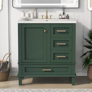 30 in. W x 18 in. D x 34 in. H Freestanding Bath Vanity in Green with White Resin Top with a Door and 3-Drawers