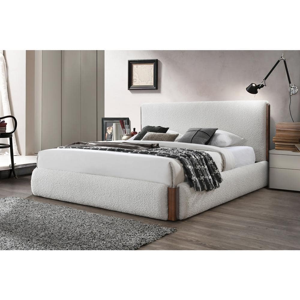 Sandro Queen Bed with White Boucle Upholstery and Walnut Frame