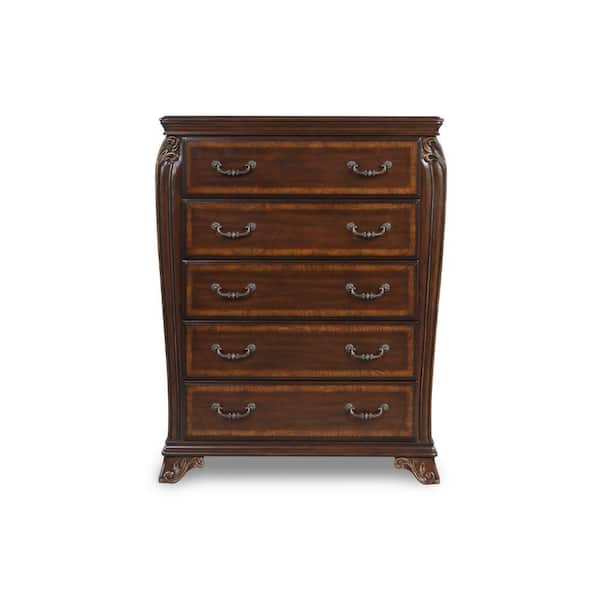 Cali Cherry Brown and Gold 5 Drawer 40.12 in. Chest of Drawers