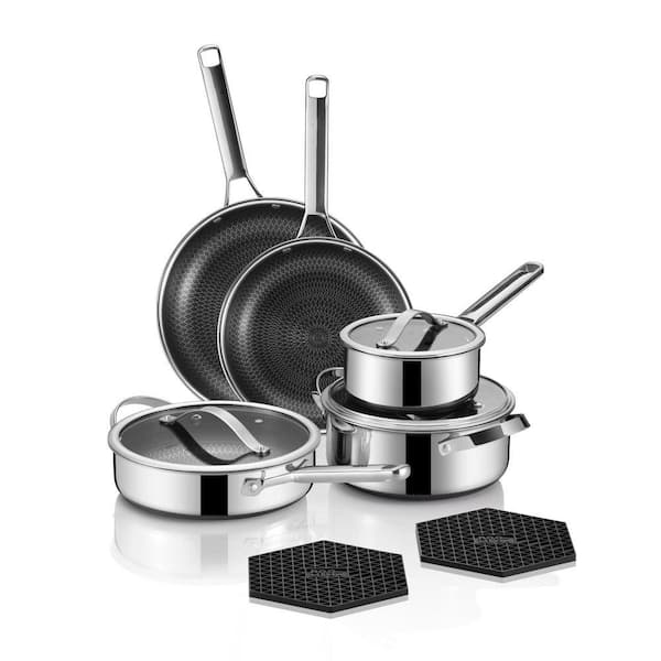 10-Piece Hybrid Stainless Steel Nonstick Tri-Ply Cookware Set Silver Dishwasher Safe Induction Compatible Set