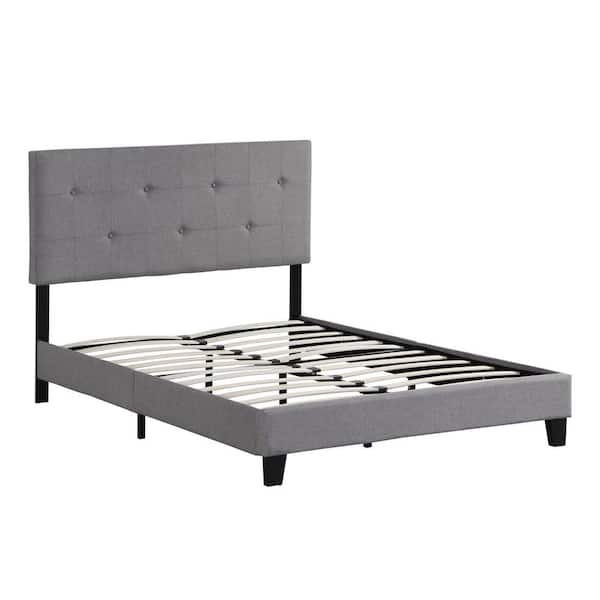 Upholstered Grey King Size Wood Panel Bed Frame with Button Tufted Headboard