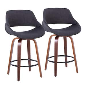 Fabrico 26 in. Charcoal Fabric and Walnut Wood Counter Stool with Black Footrest (Set of 2)