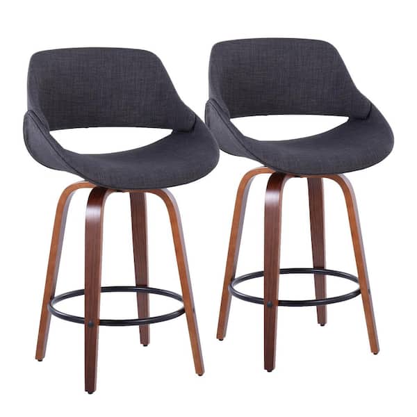 Lumisource Fabrico 26 in. Charcoal Fabric and Walnut Wood Counter Stool with Black Footrest (Set of 2)