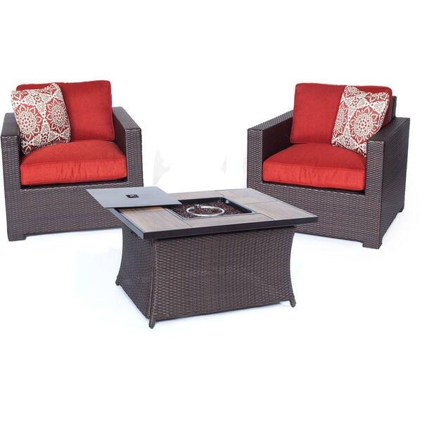 Hanover Metropolitan 3-Piece All-Weather Wicker Patio LP Gas Fire Pit Chat Set with Autumn Berry Cushions