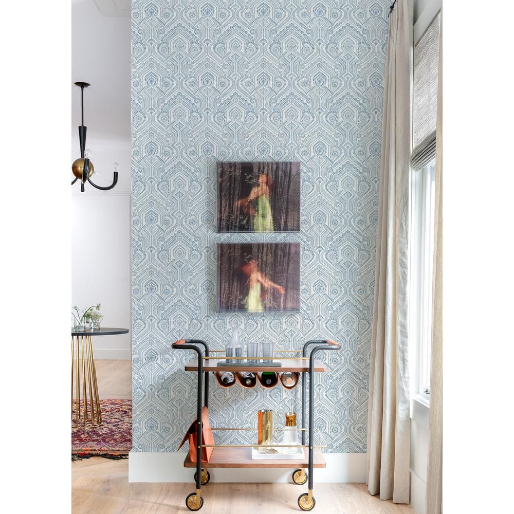 Blue Damask Non-Woven Washable Wallpaper Roll