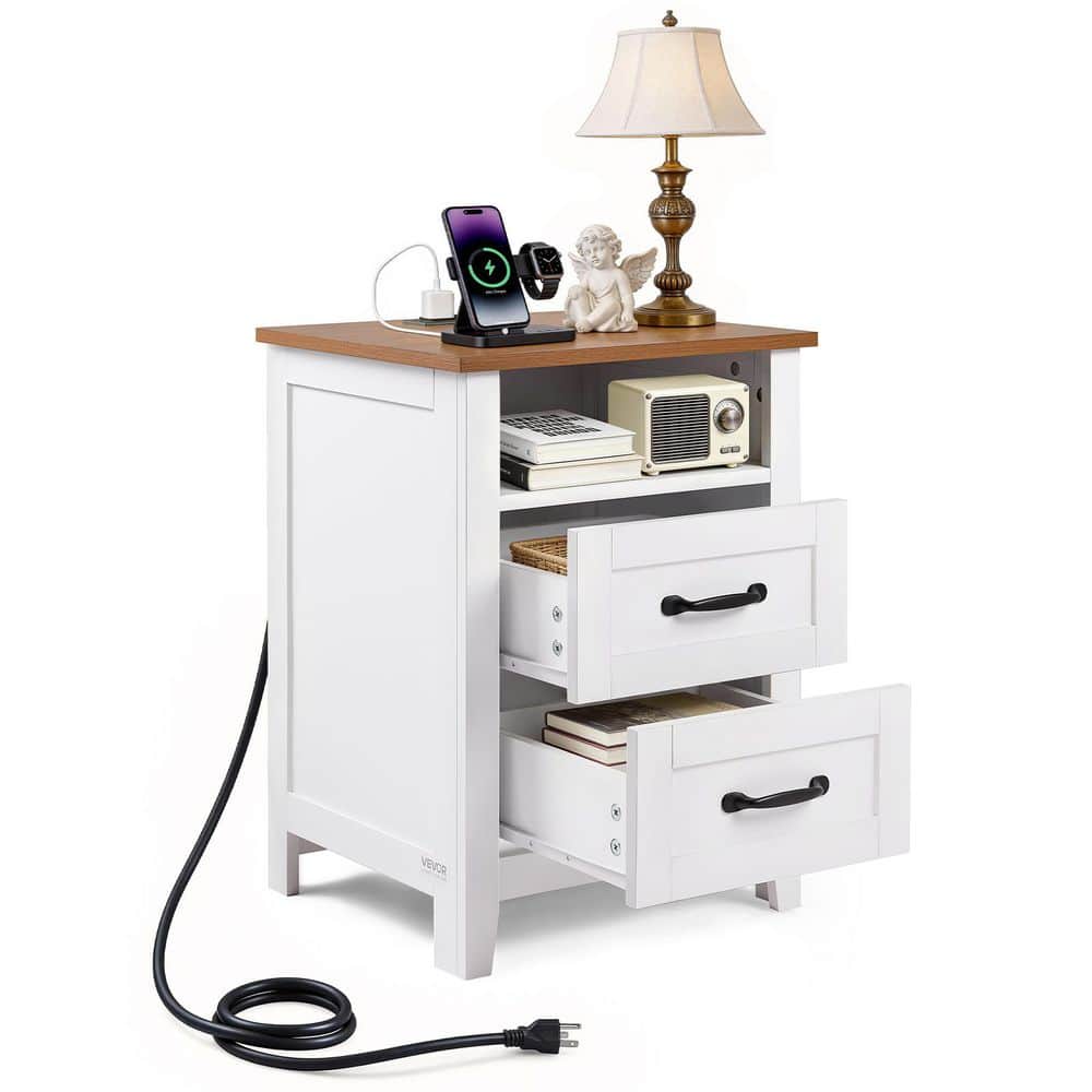 Farmhouse Nightstand, with Charging Station, End Table with 2 Drawers and Open Shelf, Bedside Storage Cabinet, White price history on PriceWatchPro