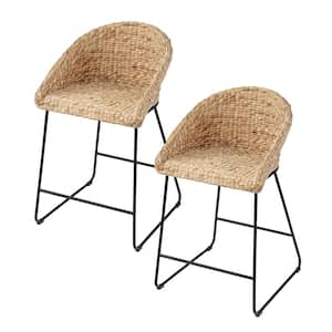 Landrine 35 in. Black Low Back Metal 2-Tone Barstools with Water Hyacinth Comfortable Seat (Set of 2)