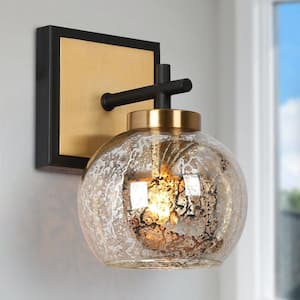 Ceedar Modern 1-Light Brass Gold Indoor Wall Sconce, Globe Mercury Glass Wall Light, Modern Black Bathroom Vanity Light