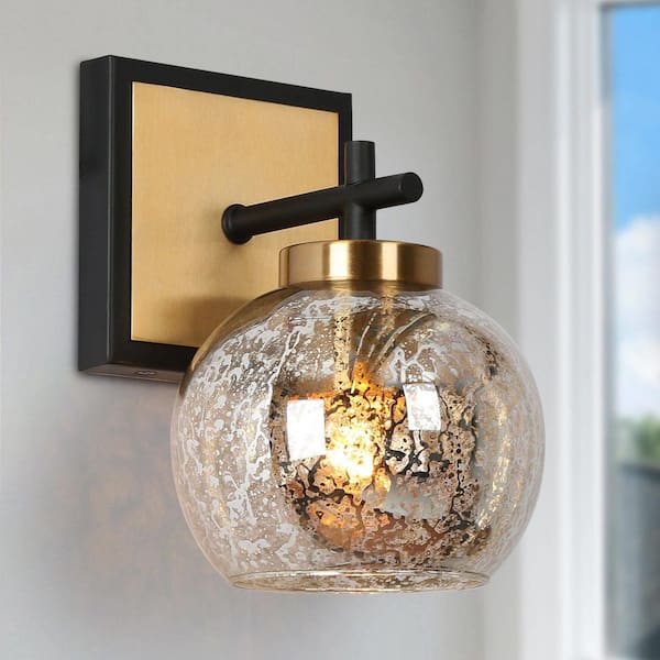 Zevni Ceedar Modern 1-Light Brass Gold Indoor Wall Sconce, Globe Mercury Glass Wall Light, Modern Black Bathroom Vanity Light