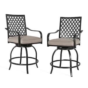 Swivel Metal Balcony Height Outdoor Bar Stool with Beige Cushion (2-Pack)