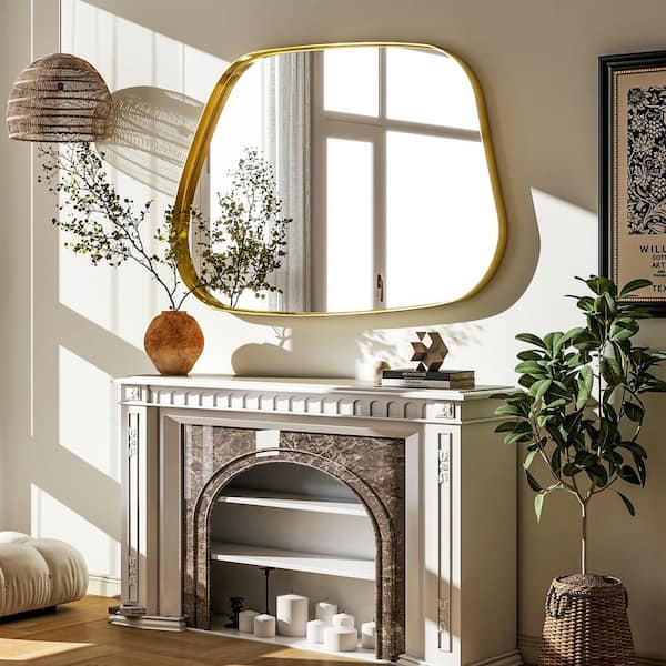 XRAMFY Gold 26 in. W x 40 in. H Irregular Modern Aluminum Alloy Deep Framed Vanity Mirror Wall Mirror