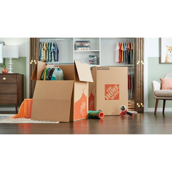 The Home Depot Wardrobe Moving Box With Metal Hanging Bar And Handles 24 In L X 24 In W X 34 In D 1001007 The Home Depot