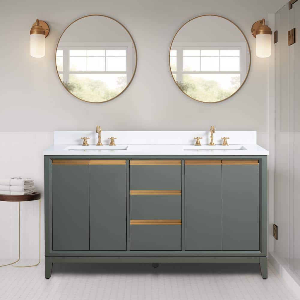 60" Vintage Green Double Sink Bathroom Vanity with Engineered Marble Top