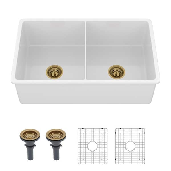 LOMC 32 in. L x 19 in. W Undermount Double Bowl Ceramic Kitchen Sink in White with Steel Dish Grid and Strainer