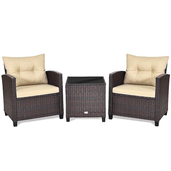 3-Piece Rattan Wicker Outdoor Patio Conversation Set with Wheat Cushions and Coffee Table
