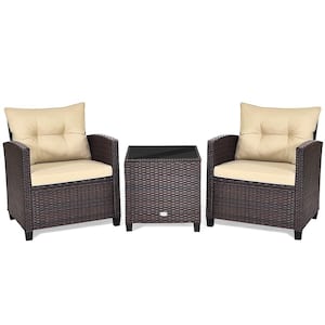 3-Piece Rattan Wicker Outdoor Patio Conversation Set with Wheat Cushions and Coffee Table