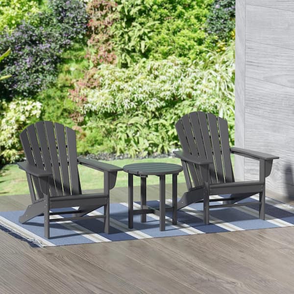 Mason Gray 3-Piece Poly Plastic Outdoor Patio Classic Adirondack Fire Pit Chair Set With 2-Chairs and Side Table