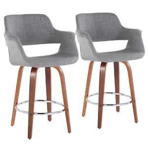 Vintage Flair 25.5 in. Lt. Grey Fabric, Walnut Wood & Chrome Metal Fixed-Height Counter Stool Round Footrest (Set of 2)