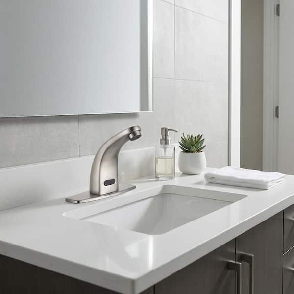 Automatic Sensor Touchless Single Hole Bathroom Faucet with Battery Operated Temperature Mixer and Deckplate in Nickel