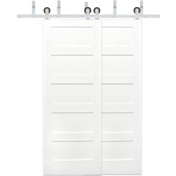Pacific Entries 60 in. x 80 in. Bypass 5-Panel Solid Core Primed Pine Wood Sliding Barn Door with Satin Nickel Hardware Kit