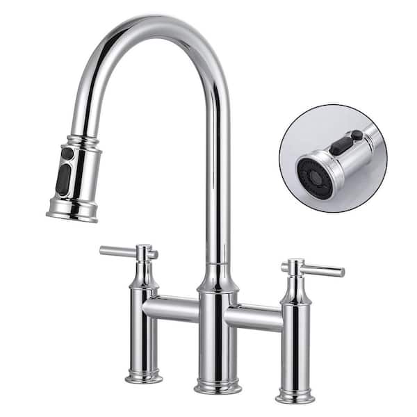 Brass Double Handles High Arc Bridge Kitchen Faucet with 3-Spray Modes Pull Down Sprayer and in Polished Chrome