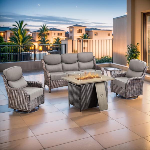 MoonLuxe Brown Wicker Fire Pit Conversation Set with Gray Olefin 6 in. Thick Cushions Patio Swivel Chairs (5-Piece)