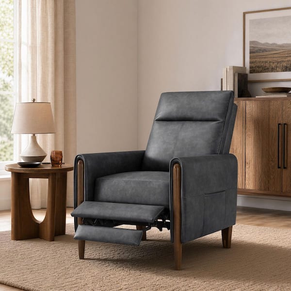 Ilya Mid-Century Modern Gray Faux Leather  Manual Recliner with 3-Position Reclining and Side Pockets