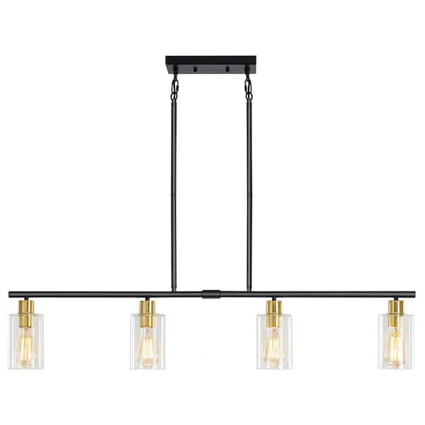 4-Light Black and Brass Rustic Linear Pendant Light for Kitchen Island with Clear Glass Shades