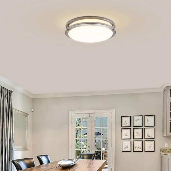 12 in. Brushed Nickel Dimmable LED 3000K Warm White Flush Mount Light Fixture