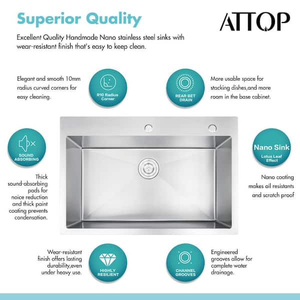 Attop Handmade Stainless steel 33 inch Single Bowl Top Mount 