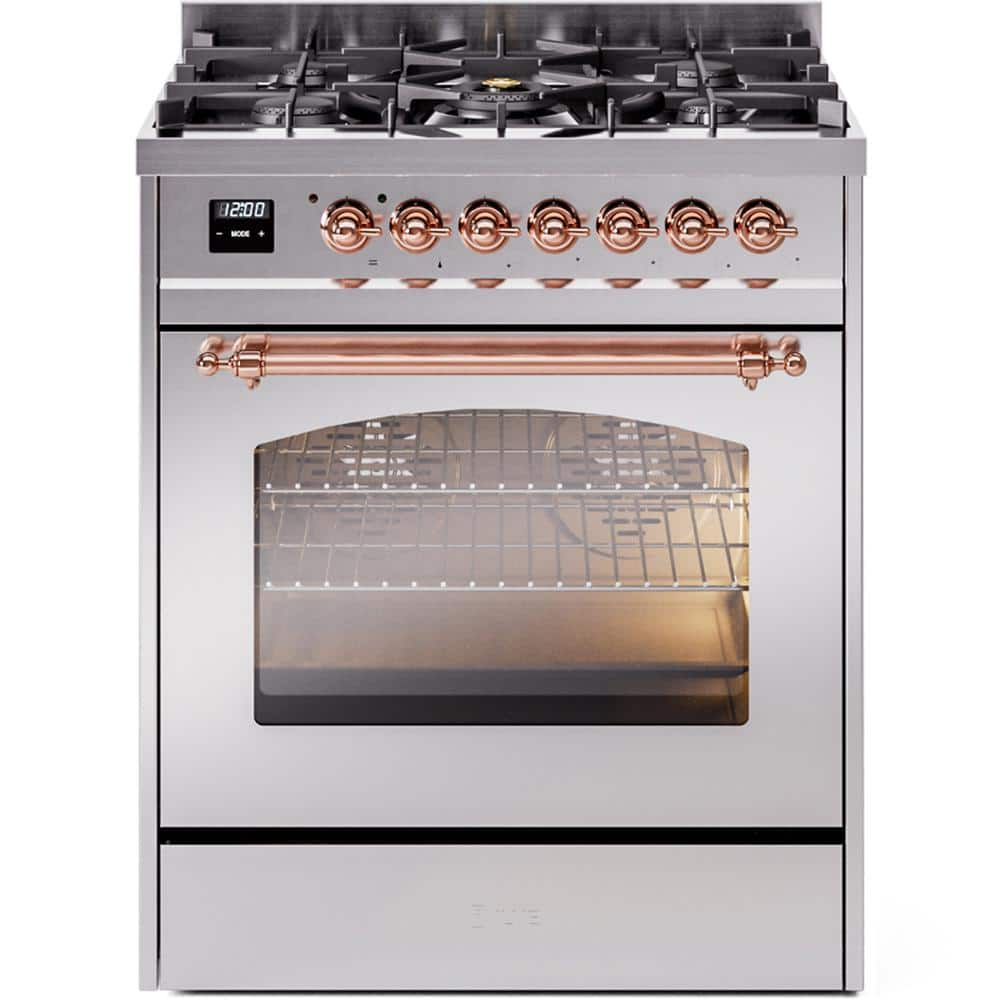 Nostalgie II 30 in. 5 Burner Freestanding Dual Fuel Range in Stainless Steel with Copper Trim -  ILVE, UP30NMPSSP