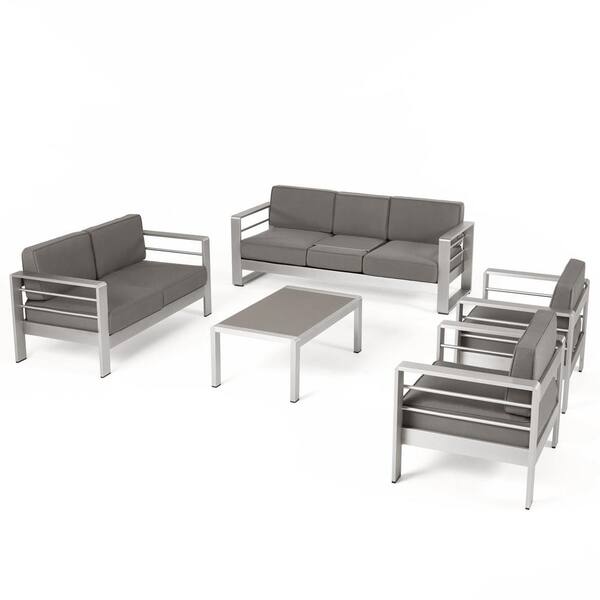 Noble House Cape Coral Silver 5-Piece Aluminum Patio Conversation Seating Set with Khaki Cushions