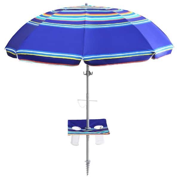 7 ft. Metal Tilt Beach Umbrella with Sand Anchor and Carry Bag, Built-in Table Tray in Dark Blue Stripes