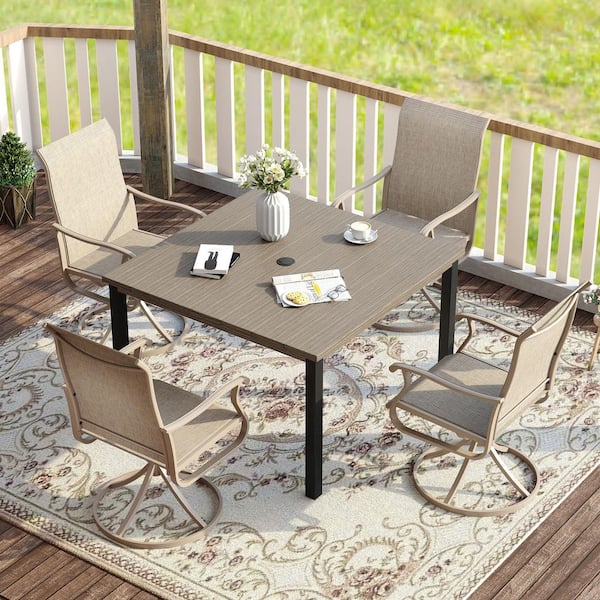 5-Piece Metal Outdoor Dining Set with 37.8 in. Gray Wood-Like Square Table and 4 Sandshell Swivel Patio Dining Chairs