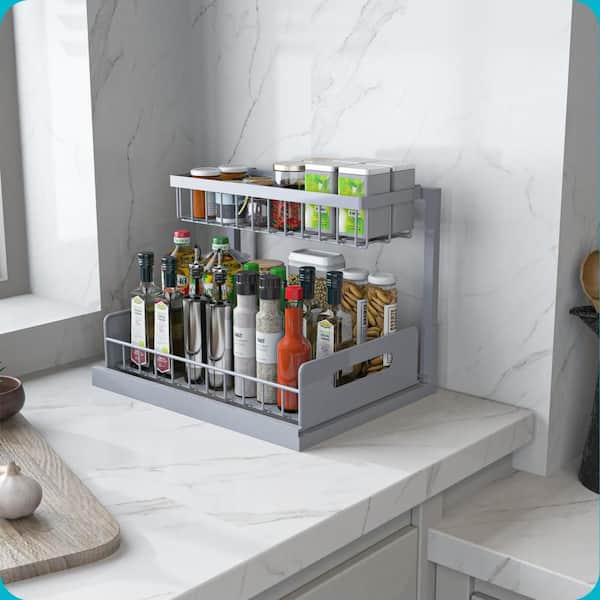 2 Tier Metal Under Sink Organizer with Pull Out for Kitchen, Bathroom, Laundry and Cabinet Storage, Grey (2-Pack)