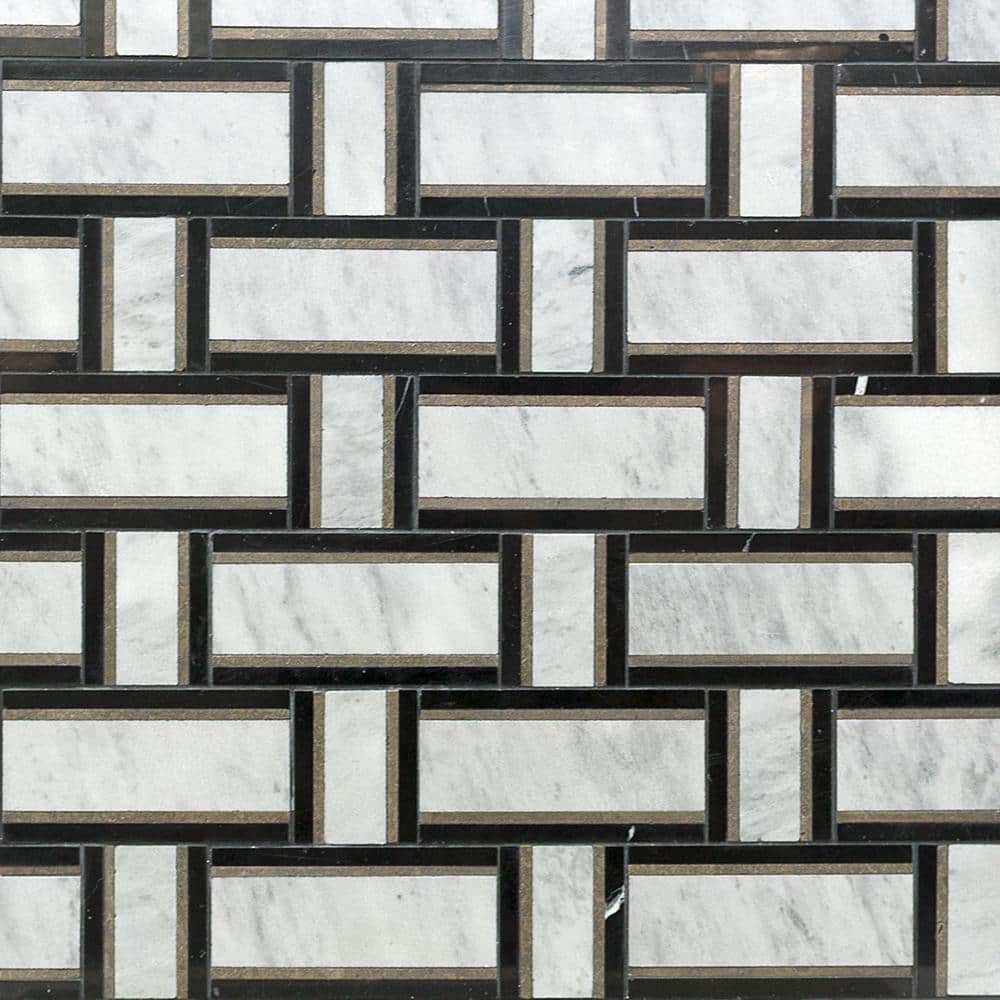 12x12 Green and White Marble Basketweave Mosaic Tile