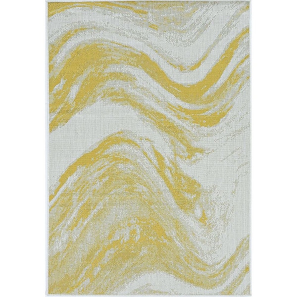 Gold, Ivory 5 ft. x 8 ft. Woven Polypropylene Rectangle Indoor/Outdoor Area Rug