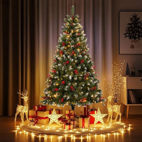 6 ft. Pre-Lit Artificial Christmas Tree Decorated with Pine Cones and 300 LED Lights