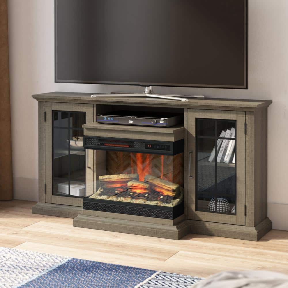 Saw Cut Oak TV Stand with Panorama Electric Fireplace and Glass Cabinets