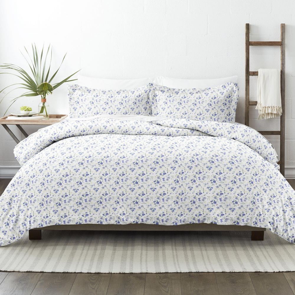 Light Blue Floral Microfiber King/California King Duvet Cover Set