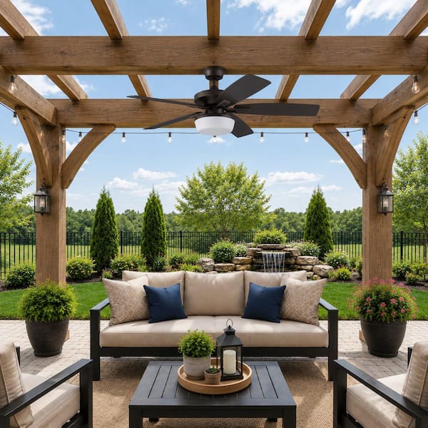 Gazebo IV 52 in. Indoor/Outdoor Flat Bronze Downrod Mount Ceiling Fan with Remote and Light Kit with 2-Bulbs Included