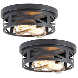 10.8 in. 2-Light Farmhouse Black Flush Mount Ceiling Light with No Bulbs Included (2-Pack)
