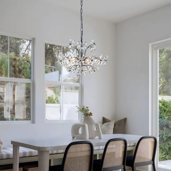 TinHon 6-Light Modern Black Crystal Flower Chandelier with Clear