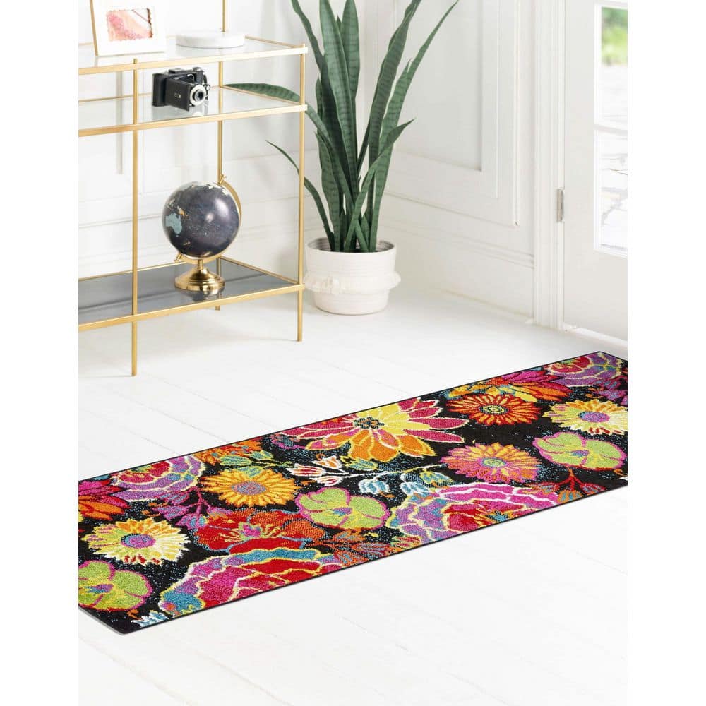 Lyon Kennedy Floral Black and Yellow 2' x 6' Synthetic Runner Rug