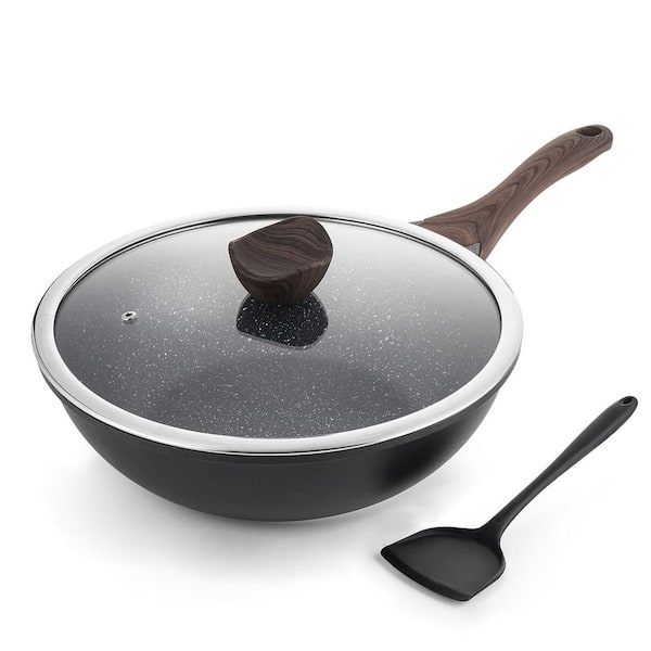 Large 12 in. Black Aluminum Induction Wok with Lid, Granite Stone Coating for Cooking, Ergonomic Handle & Glass Lid