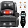 Close-up of a grey faux leather recliner chair with massage and heating indicators.