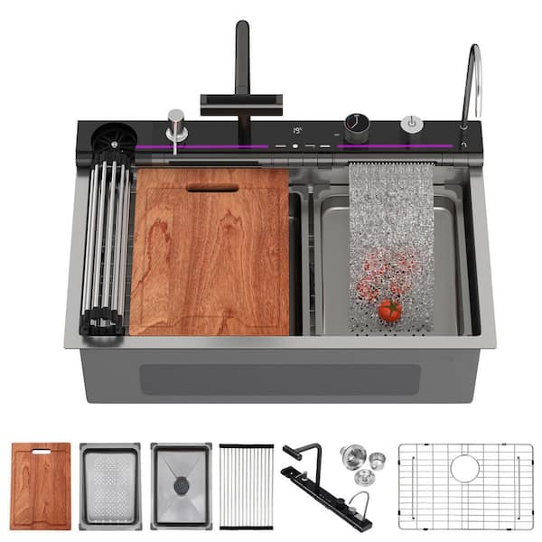30 in. Drop-In Single Bowl 16-Gauge T304 Stainless Steel Workstation Kitchen Sink with Flying Rain Waterfall Faucet