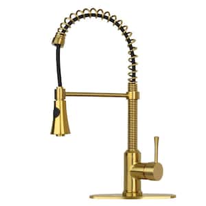 Single-Handle Deck Mount Gooseneck Pull-Down Sprayer Kitchen Faucet with Deckplate Included and Handles in Brushed Gold
